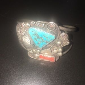 Vintage silver turquoise and coral bracelet